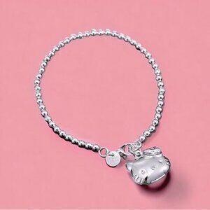 NWT Hello Kitty Locket Charm Bracelet S925 Sterling Silver Beaded Chain 7.5"